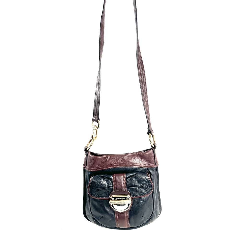 B Makowsky Black Leather Small Shoulder Crossbody Bag Brown Accents Push Lock